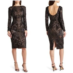 Dress The Population Emery Black Sequin Long Sleeve Midi Dress Low Back Size M